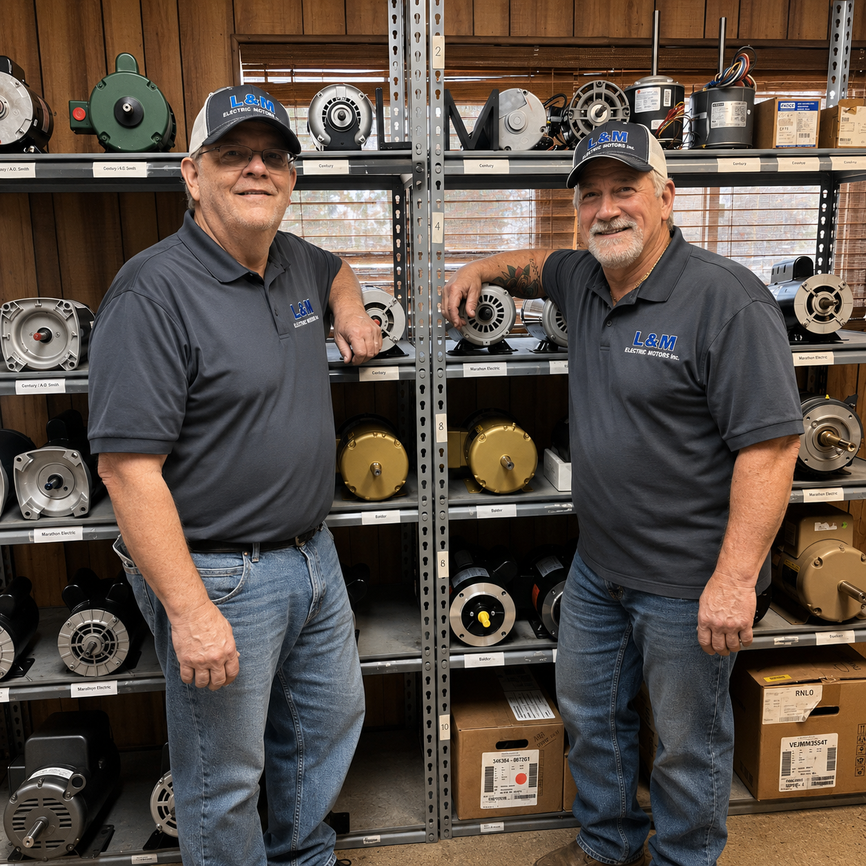 L & M Electric Motors team standing in front of new electric motors for sale in Jonesboro, Arkansas, providing replacement motors, industrial electric motors, farm equipment motors, pool pump motors, HVAC motors, and expert local service.
