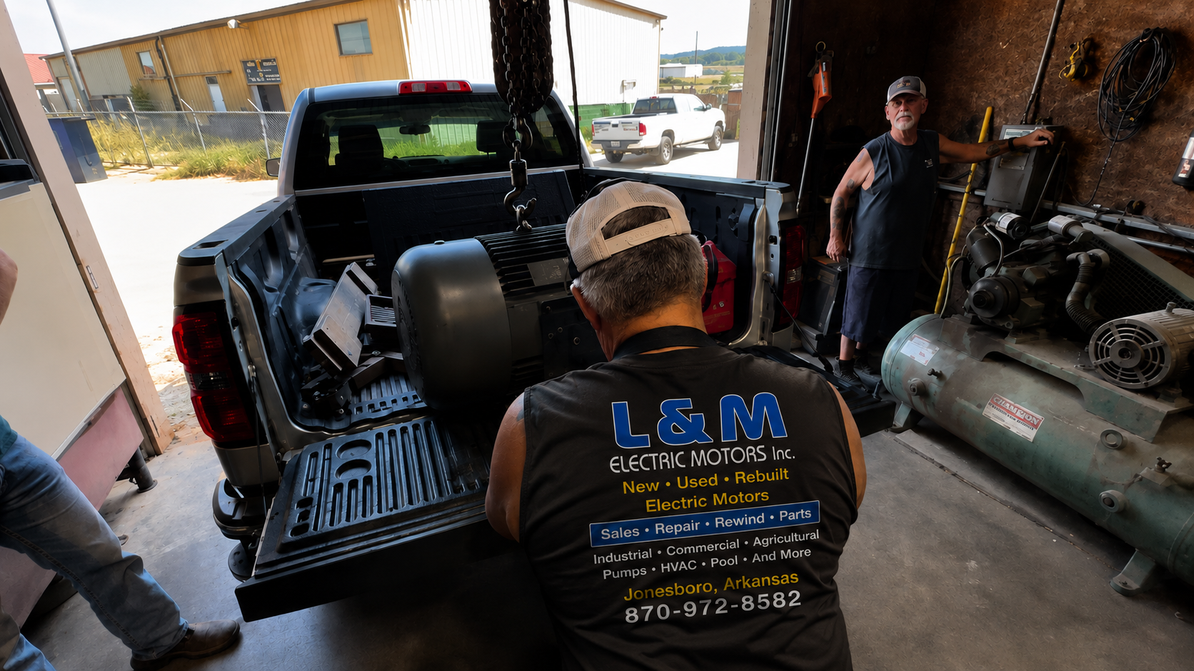 L & M Electric Motors technician loading a large industrial electric motor into a customer's truck at the Jonesboro, Arkansas repair shop, providing new electric motors, motor repairs, rewinding, and replacement motors for commercial, industrial, agricultural, HVAC, and pump applications.