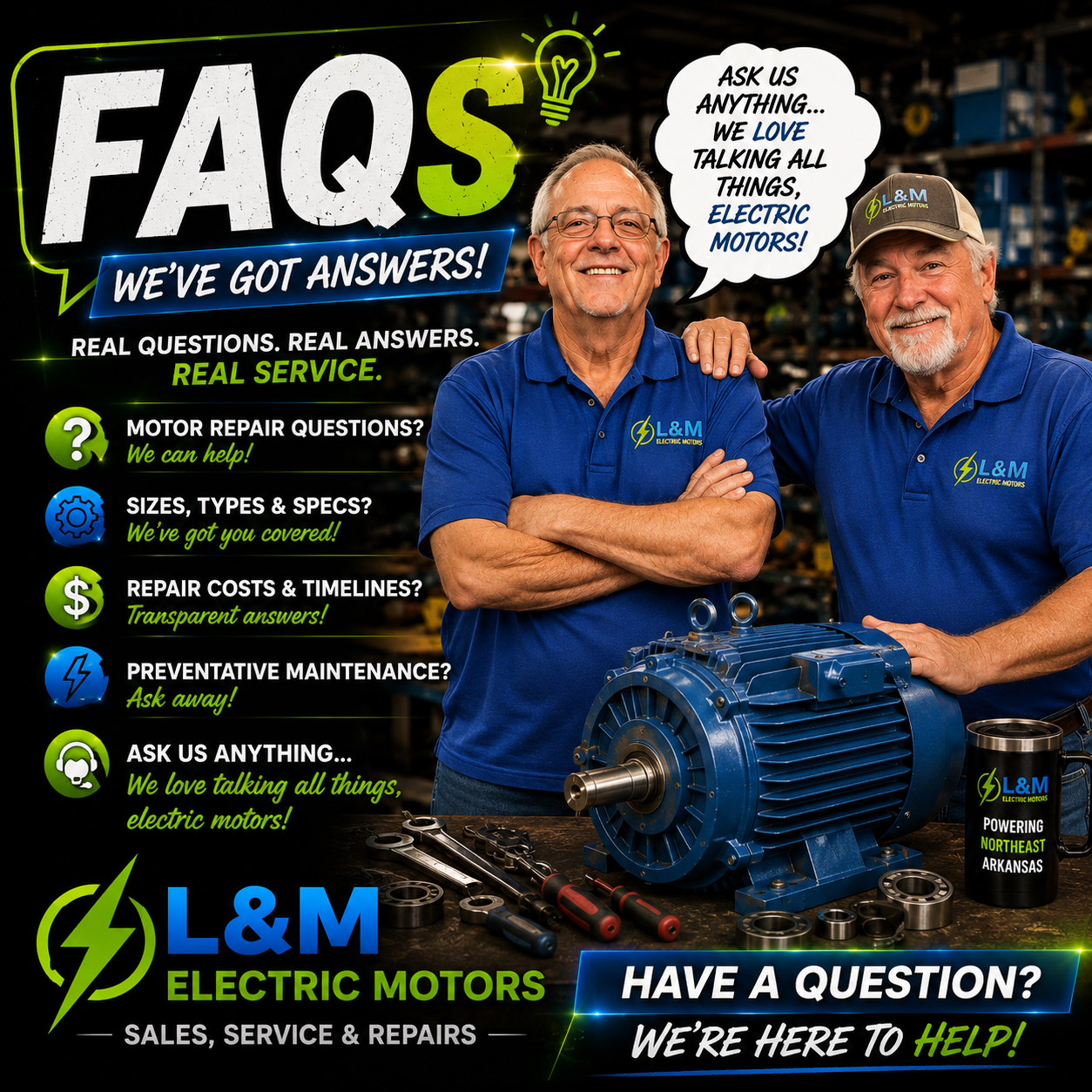 Friendly L & M Electric Motors team members answering frequently asked questions about electric motor repair, motor rewinding, preventative maintenance, pump repair, gearbox repair, and industrial equipment services in Jonesboro, Arkansas.